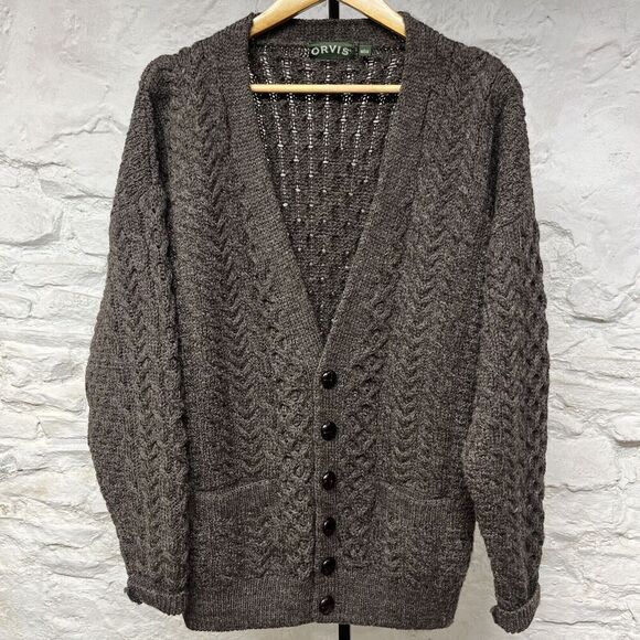 Orvis 100% Wool Chunky Cable Knit Cardigan Sweater Made in Ireland Grandpa - Picture 1 of 12
